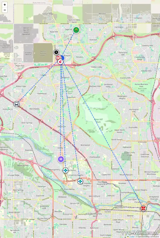 Daily accessibility map for 48 SHERWOOD CR NW, Calgary showing nearby schools, grocery stores, parks, LRT stations and nearby amenities