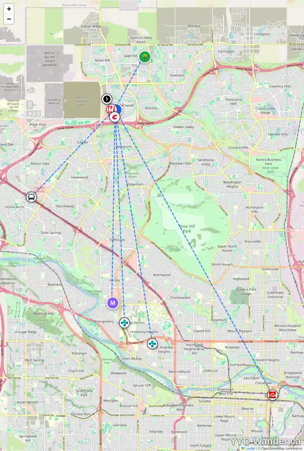 Daily accessibility map for 56 SHERWOOD CR NW, Calgary showing nearby schools, grocery stores, parks, LRT stations and nearby amenities