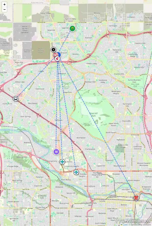 Daily accessibility map for 60 SHERWOOD CR NW, Calgary showing nearby schools, grocery stores, parks, LRT stations and nearby amenities