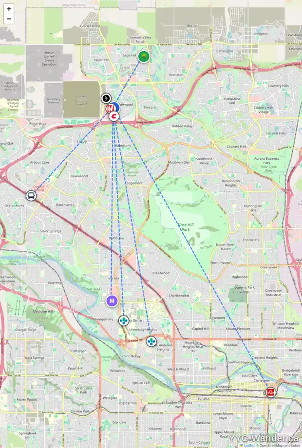 Daily accessibility map for 88 SHERWOOD CR NW, Calgary showing nearby schools, grocery stores, parks, LRT stations and nearby amenities