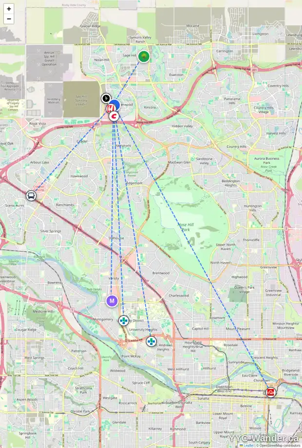 Daily accessibility map for 128 SHERWOOD CR NW, Calgary showing nearby schools, grocery stores, parks, LRT stations and nearby amenities
