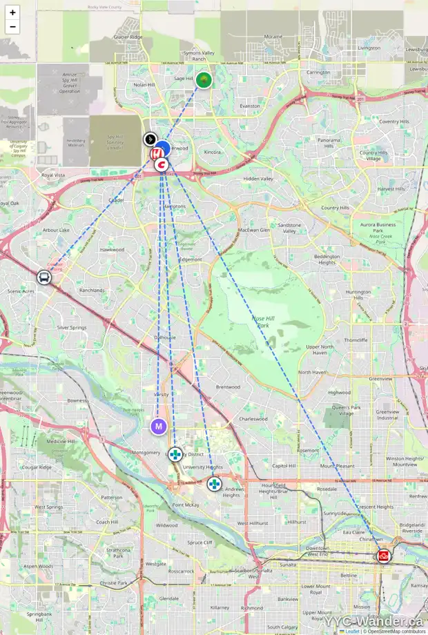 Daily accessibility map for 136 SHERWOOD CR NW, Calgary showing nearby schools, grocery stores, parks, LRT stations and nearby amenities