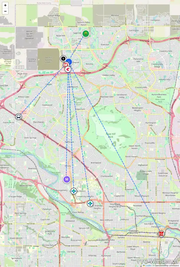 Daily accessibility map for 152 SHERWOOD CR NW, Calgary showing nearby schools, grocery stores, parks, LRT stations and nearby amenities
