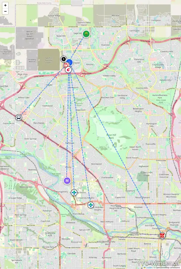 Daily accessibility map for 156 SHERWOOD CR NW, Calgary showing nearby schools, grocery stores, parks, LRT stations and nearby amenities