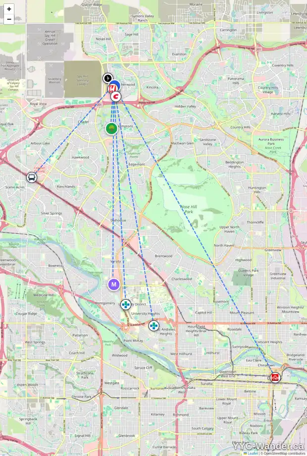 Daily accessibility map for 70 SHERWOOD MT NW, Calgary showing nearby schools, grocery stores, parks, LRT stations and nearby amenities