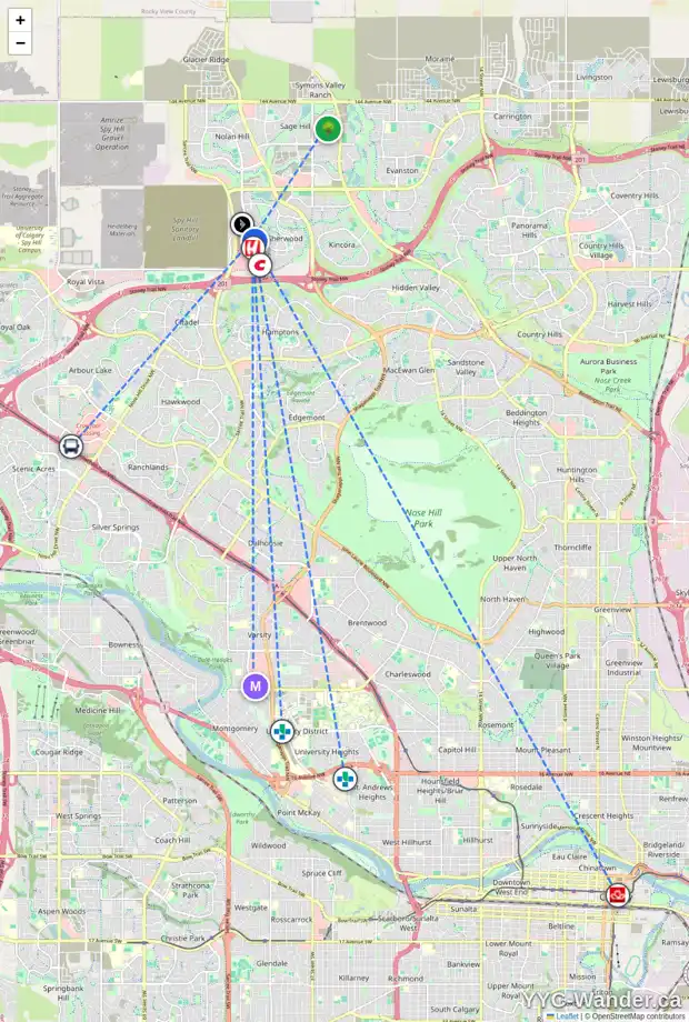 Daily accessibility map for 82 SHERWOOD MT NW, Calgary showing nearby schools, grocery stores, parks, LRT stations and nearby amenities