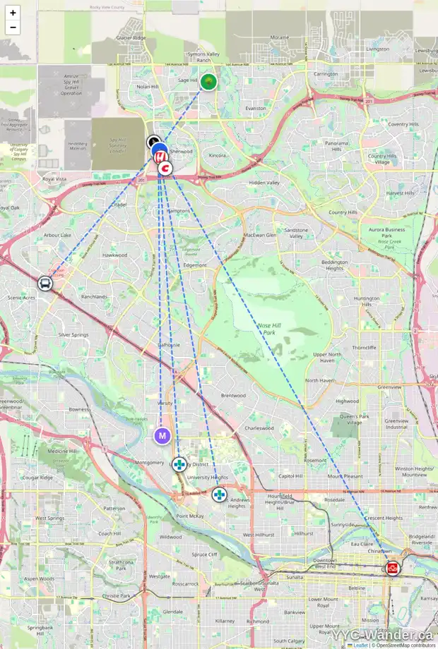 Daily accessibility map for 114 SHERWOOD MT NW, Calgary showing nearby schools, grocery stores, parks, LRT stations and nearby amenities