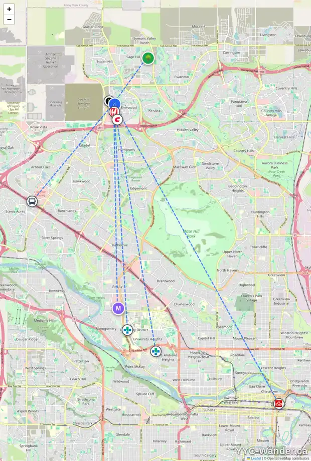 Daily accessibility map for 182 SHERWOOD MT NW, Calgary showing nearby schools, grocery stores, parks, LRT stations and nearby amenities