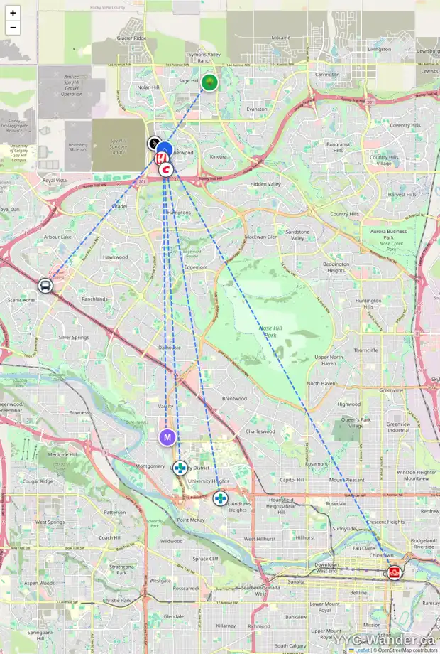 Daily accessibility map for 218 SHERWOOD MT NW, Calgary showing nearby schools, grocery stores, parks, LRT stations and nearby amenities