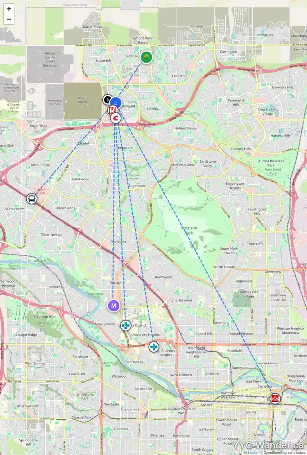 Daily accessibility map for 238 SHERWOOD MT NW, Calgary showing nearby schools, grocery stores, parks, LRT stations and nearby amenities