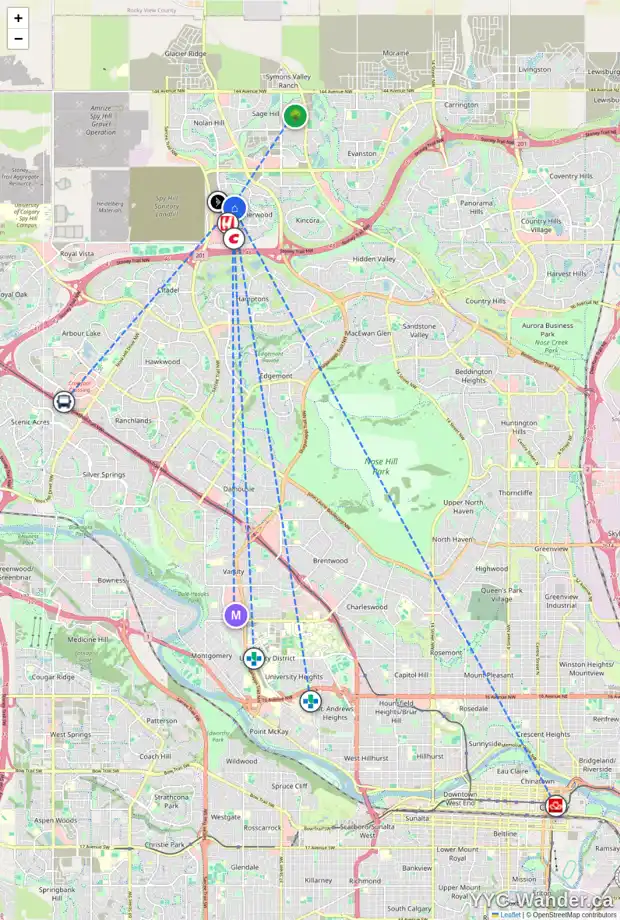 Daily accessibility map for 246 SHERWOOD MT NW, Calgary showing nearby schools, grocery stores, parks, LRT stations and nearby amenities