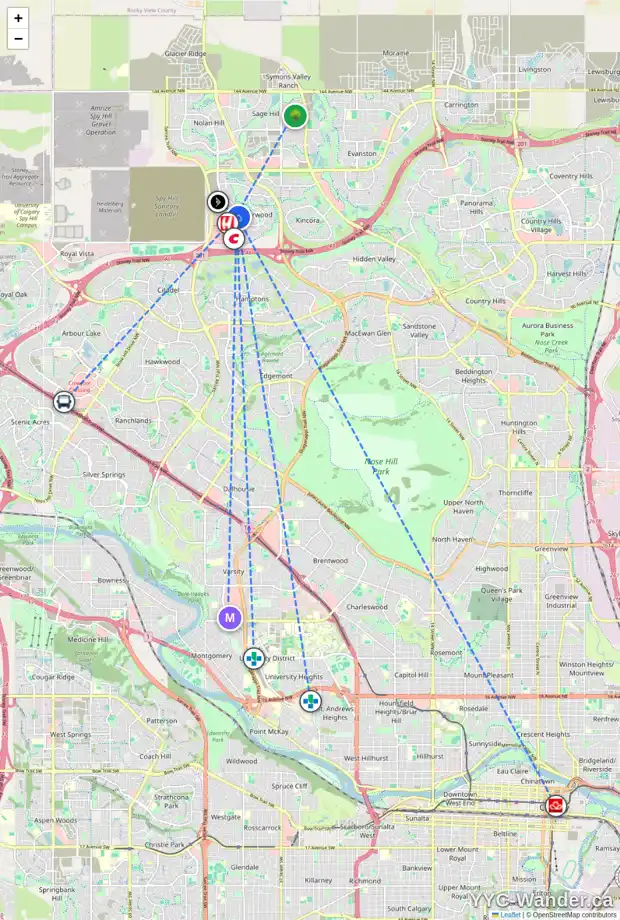 Daily accessibility map for 438 SHERWOOD PL NW, Calgary showing nearby schools, grocery stores, parks, LRT stations and nearby amenities