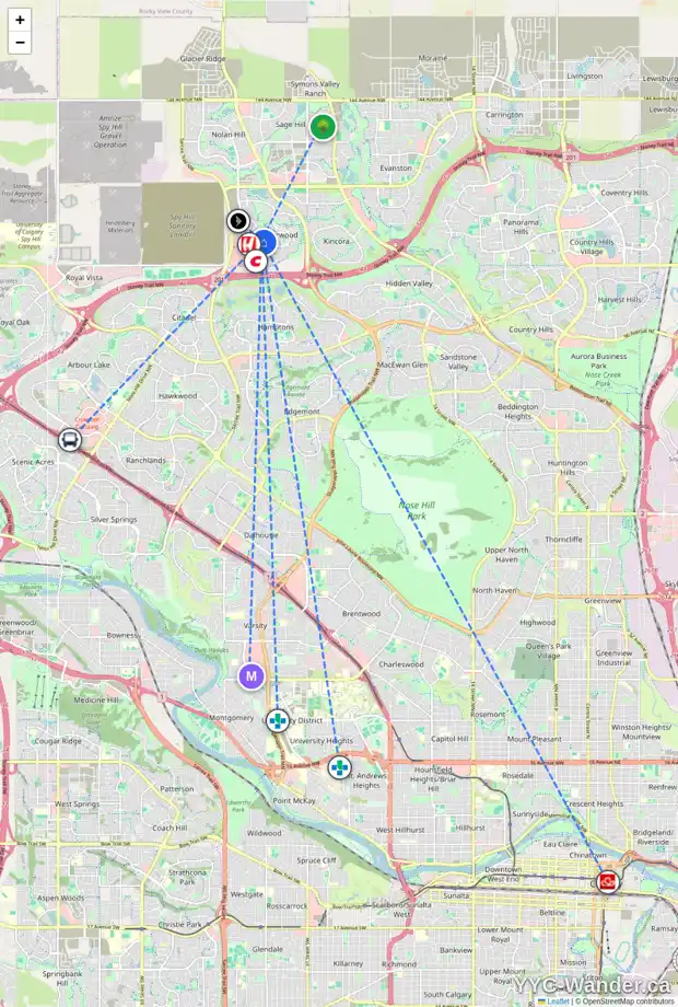 Daily accessibility map for 11 SHERWOOD CR NW, Calgary showing nearby schools, grocery stores, parks, LRT stations and nearby amenities