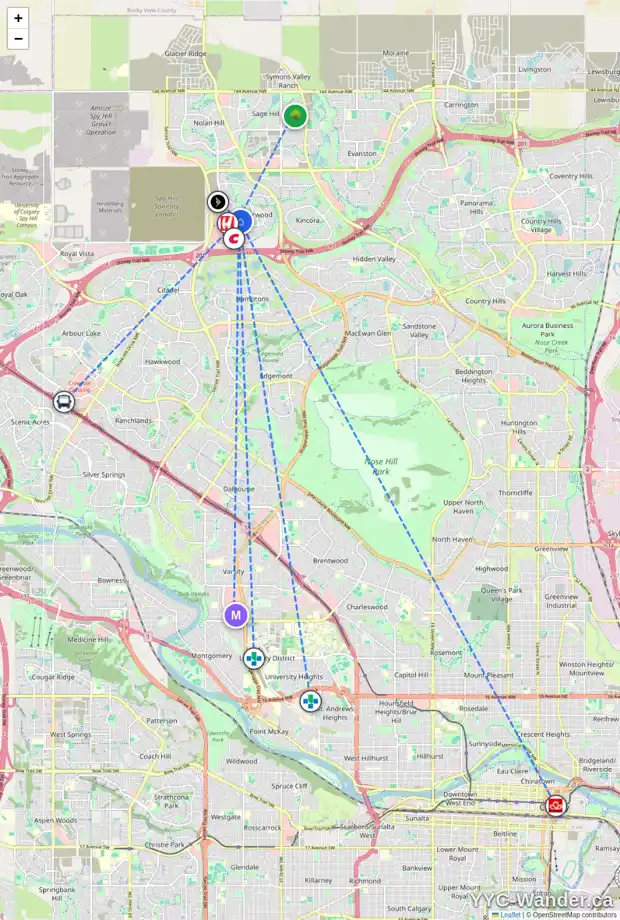 Daily accessibility map for 15 SHERWOOD CR NW, Calgary showing nearby schools, grocery stores, parks, LRT stations and nearby amenities