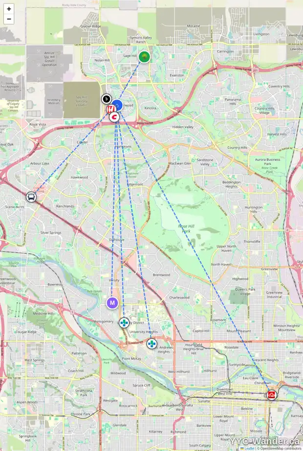 Daily accessibility map for 165 SHERWOOD CR NW, Calgary showing nearby schools, grocery stores, parks, LRT stations and nearby amenities
