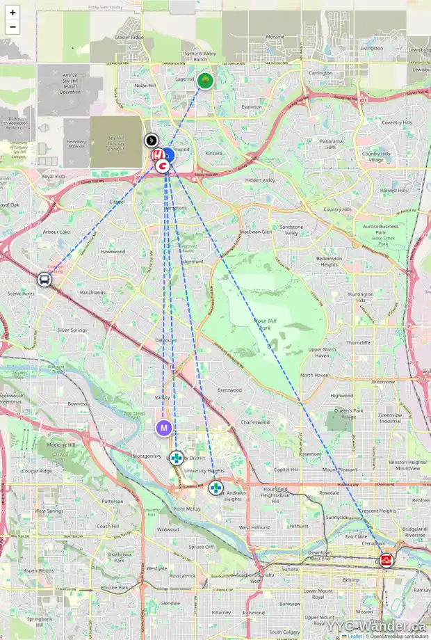 Daily accessibility map for 43 SHERWOOD CR NW, Calgary showing nearby schools, grocery stores, parks, LRT stations and nearby amenities