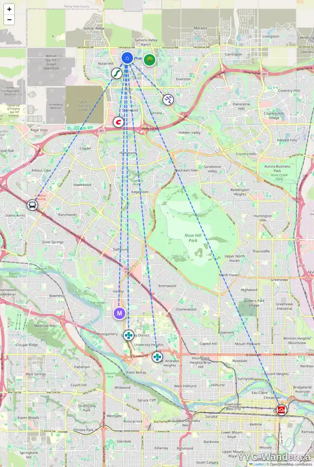 Daily accessibility map for 204 SAGE VALLEY DR NW, Calgary showing nearby schools, grocery stores, parks, LRT stations and nearby amenities