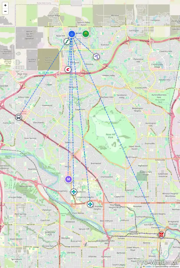 Daily accessibility map for 31 SAGE VALLEY GR NW, Calgary showing nearby schools, grocery stores, parks, LRT stations and nearby amenities