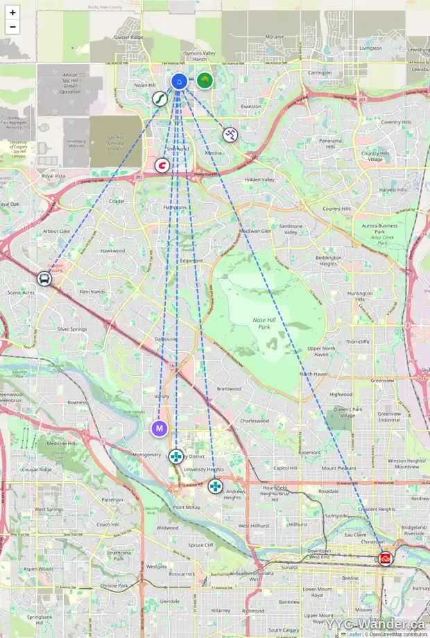 Daily accessibility map for 155 SAGE VALLEY GR NW, Calgary showing nearby schools, grocery stores, parks, LRT stations and nearby amenities