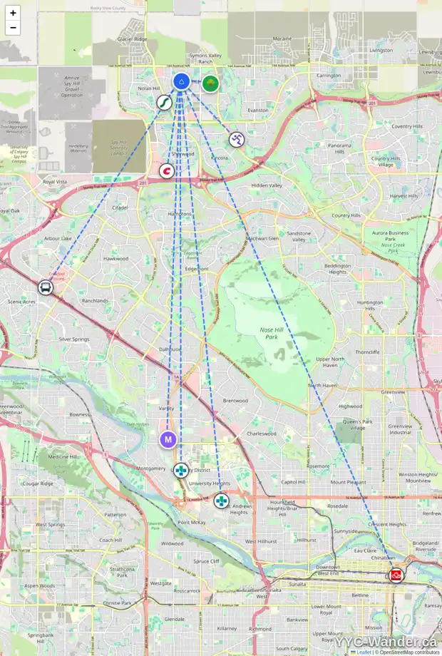 Daily accessibility map for 195 SAGE VALLEY GR NW, Calgary showing nearby schools, grocery stores, parks, LRT stations and nearby amenities