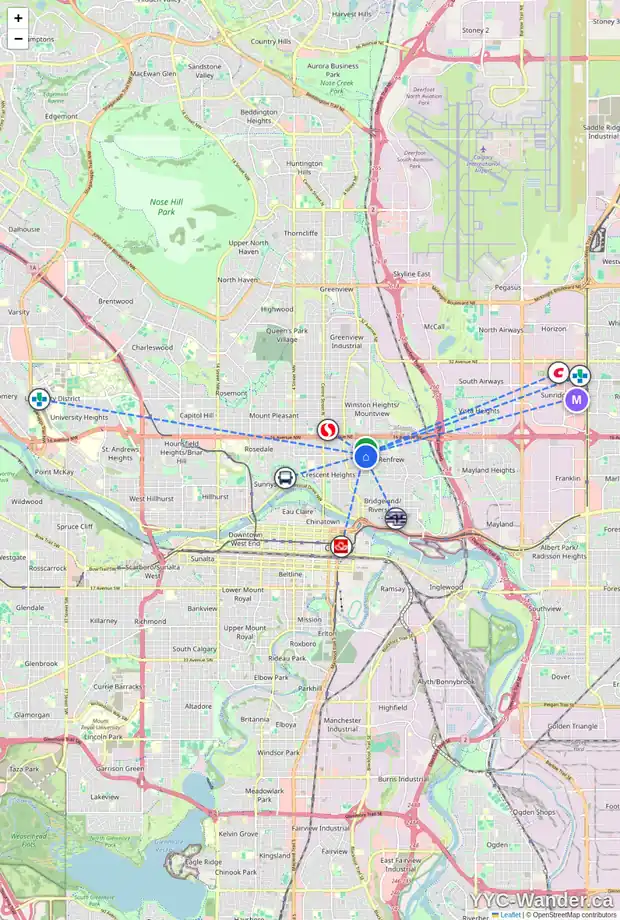 Daily accessibility map for 612 12 AV NE, Calgary showing nearby schools, grocery stores, parks, LRT stations and nearby amenities