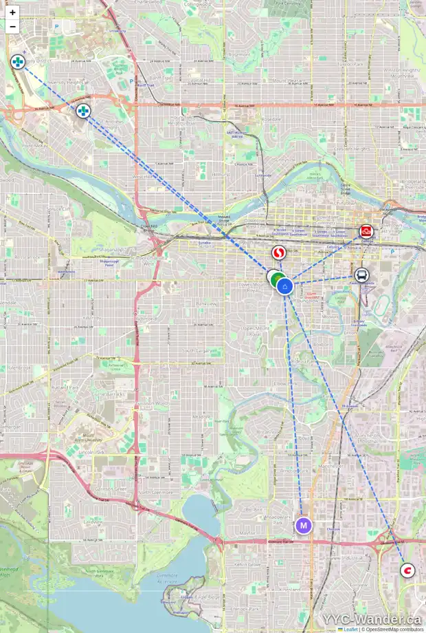 Daily accessibility map for 1720 7 ST SW, Calgary showing nearby schools, grocery stores, parks, LRT stations and nearby amenities