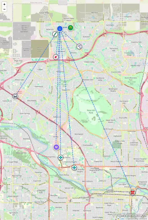Daily accessibility map for 64 SAGE VALLEY GR NW, Calgary showing nearby schools, grocery stores, parks, LRT stations and nearby amenities