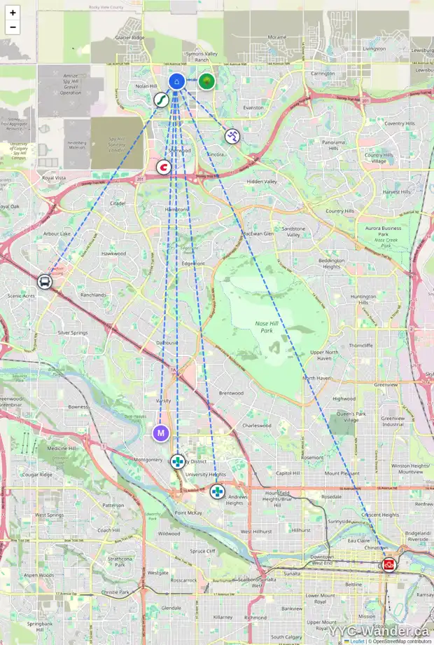 Daily accessibility map for 222 SAGE VALLEY GR NW, Calgary showing nearby schools, grocery stores, parks, LRT stations and nearby amenities
