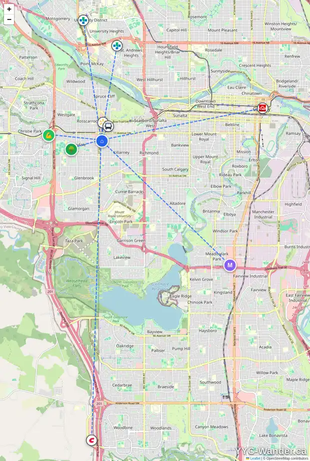 Daily accessibility map for 2021 36 ST SW, Calgary showing nearby schools, grocery stores, parks, LRT stations and nearby amenities