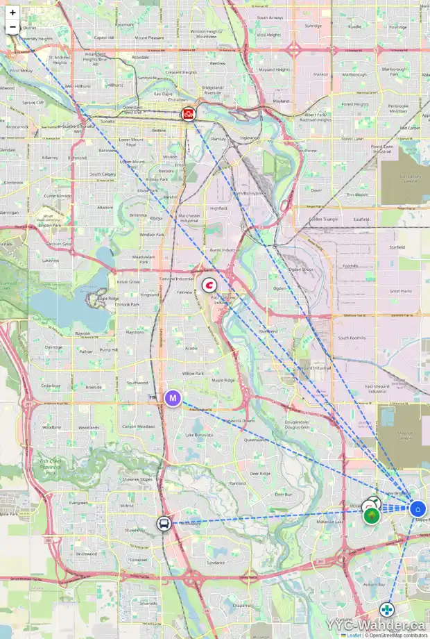 Daily accessibility map for 1031 NEW BRIGHTON PA SE, Calgary showing nearby schools, grocery stores, parks, LRT stations and nearby amenities