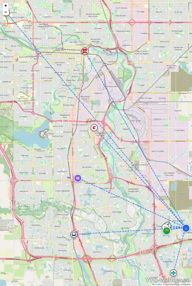 Daily accessibility map for 1077 NEW BRIGHTON PA SE, Calgary showing nearby schools, grocery stores, parks, LRT stations and nearby amenities
