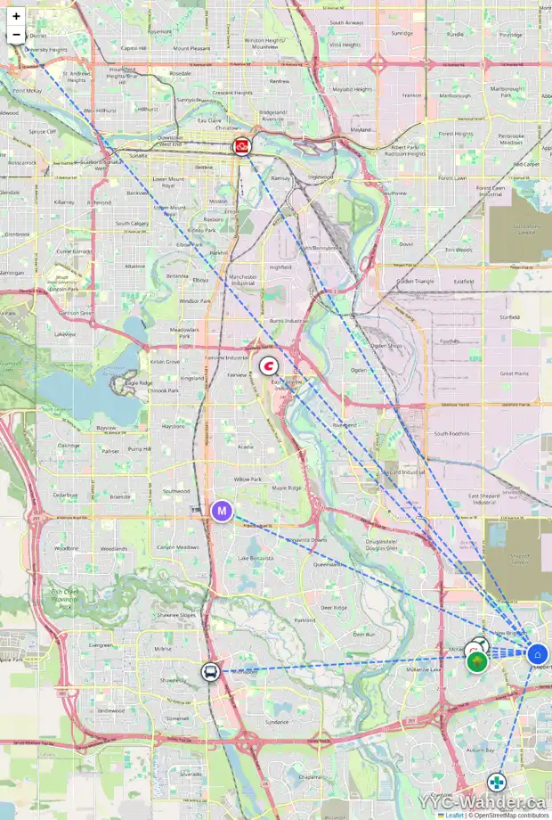 Daily accessibility map for 1354 NEW BRIGHTON PA SE, Calgary showing nearby schools, grocery stores, parks, LRT stations and nearby amenities