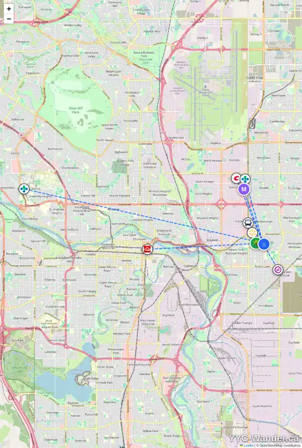 Daily accessibility map for 512 43 ST SE, Calgary showing nearby schools, grocery stores, parks, LRT stations and nearby amenities