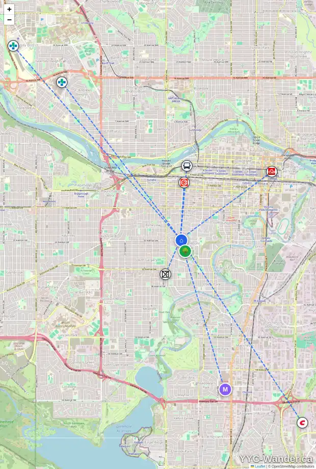 Daily accessibility map for 1203 MONTREAL AV SW, Calgary showing nearby schools, grocery stores, parks, LRT stations and nearby amenities
