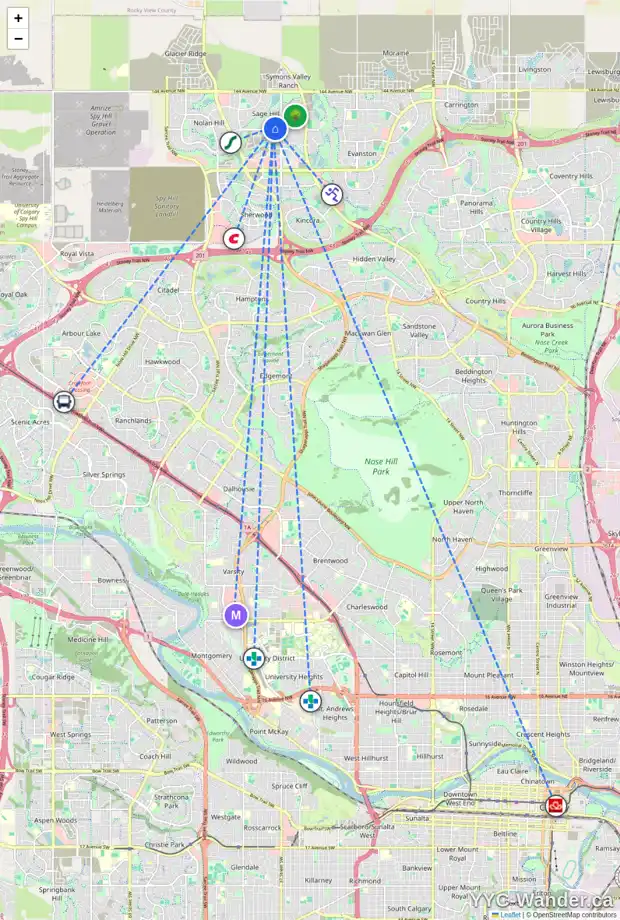 Daily accessibility map for 59 SAGE HILL GR NW, Calgary showing nearby schools, grocery stores, parks, LRT stations and nearby amenities
