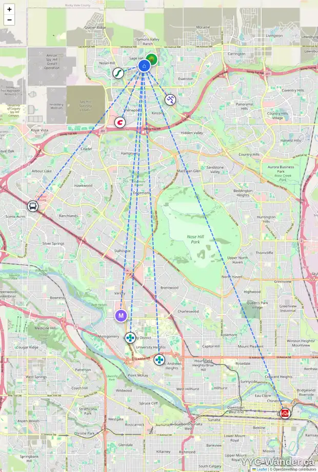 Daily accessibility map for 119 SAGE HILL GR NW, Calgary showing nearby schools, grocery stores, parks, LRT stations and nearby amenities