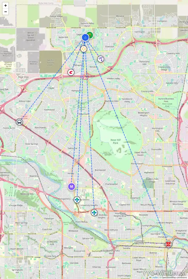 Daily accessibility map for 159 SAGE HILL GR NW, Calgary showing nearby schools, grocery stores, parks, LRT stations and nearby amenities