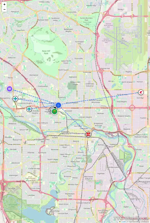 Daily accessibility map for 1513 19 AV NW, Calgary showing nearby schools, grocery stores, parks, LRT stations and nearby amenities
