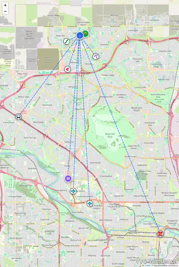 Daily accessibility map for 27 SAGE HILL MR NW, Calgary showing nearby schools, grocery stores, parks, LRT stations and nearby amenities
