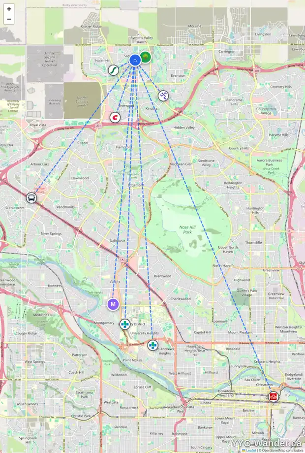 Daily accessibility map for 10 SAGE HILL GR NW, Calgary showing nearby schools, grocery stores, parks, LRT stations and nearby amenities