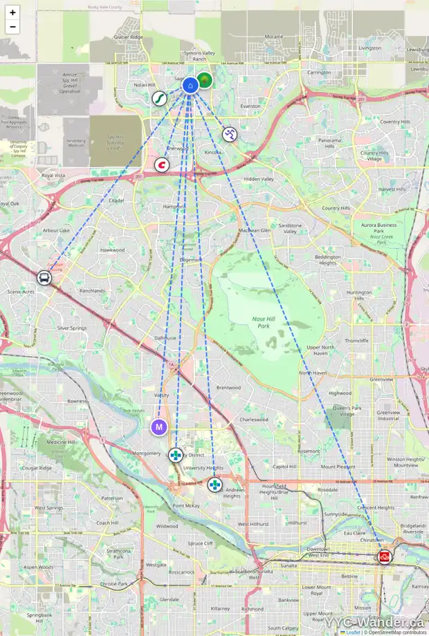 Daily accessibility map for 22 SAGE HILL GR NW, Calgary showing nearby schools, grocery stores, parks, LRT stations and nearby amenities