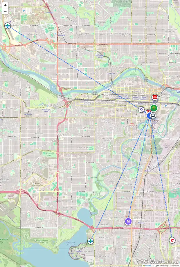 Daily accessibility map for 709 210 15 AV SE, Calgary showing nearby schools, grocery stores, parks, LRT stations and nearby amenities