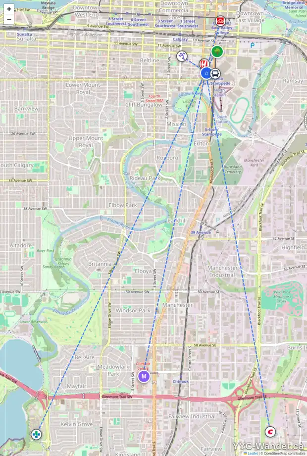 Daily accessibility map for 2501 210 15 AV SE, Calgary showing nearby schools, grocery stores, parks, LRT stations and nearby amenities