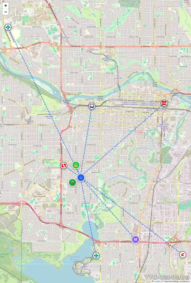 Daily accessibility map for 4013 19 ST SW, Calgary showing nearby schools, grocery stores, parks, LRT stations and nearby amenities