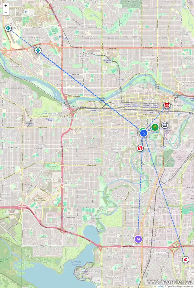 Daily accessibility map for 5 337 19 AV SW, Calgary showing nearby schools, grocery stores, parks, LRT stations and nearby amenities