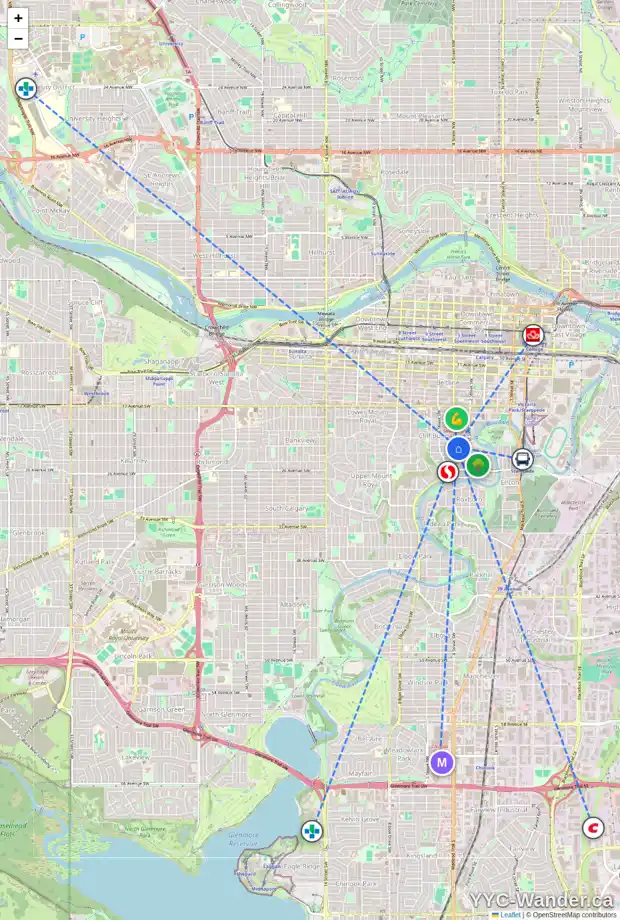 Daily accessibility map for 203 333 22 AV SW, Calgary showing nearby schools, grocery stores, parks, LRT stations and nearby amenities