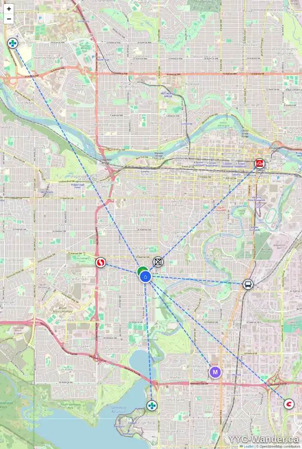 Daily accessibility map for 3916 16 ST SW, Calgary showing nearby schools, grocery stores, parks, LRT stations and nearby amenities