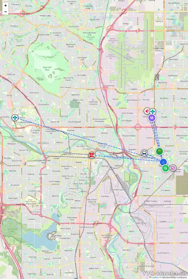 Daily accessibility map for A 1427 43 ST SE, Calgary showing nearby schools, grocery stores, parks, LRT stations and nearby amenities