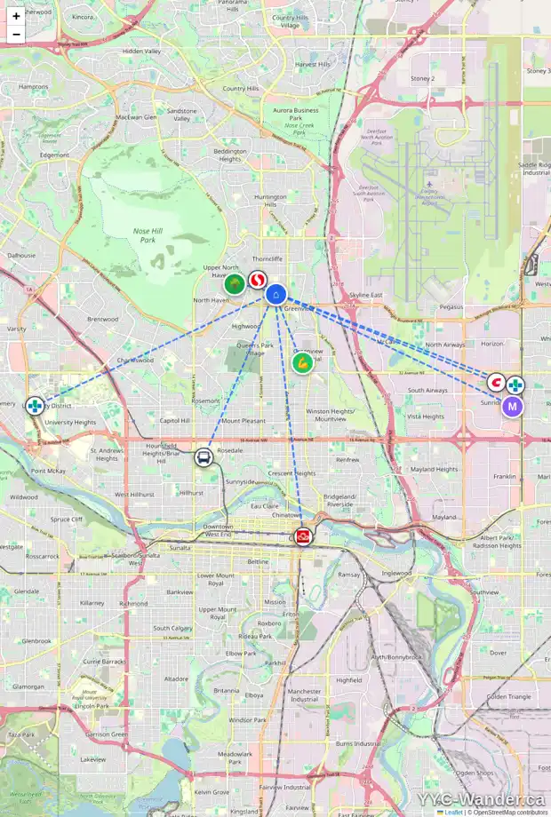 Daily accessibility map for 5323 BUCKTHORN RD NW, Calgary showing nearby schools, grocery stores, parks, LRT stations and nearby amenities