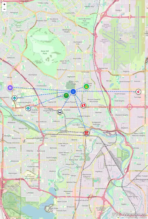 Daily accessibility map for 3105 5 ST NW, Calgary showing nearby schools, grocery stores, parks, LRT stations and nearby amenities